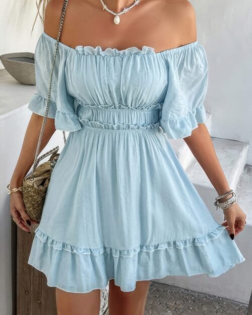 off shoulder square neck ruffle trim short dress