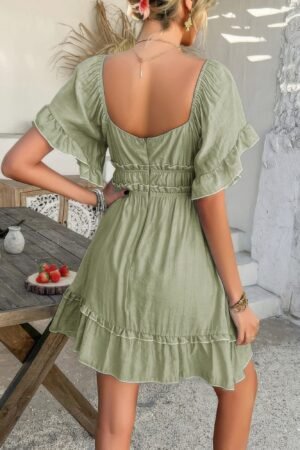 Off Shoulder Square Neck Ruffle Trim Short Dress