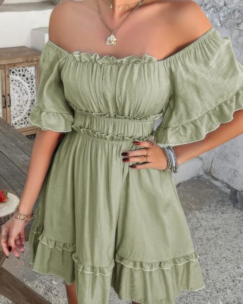 off shoulder square neck ruffle trim short dress