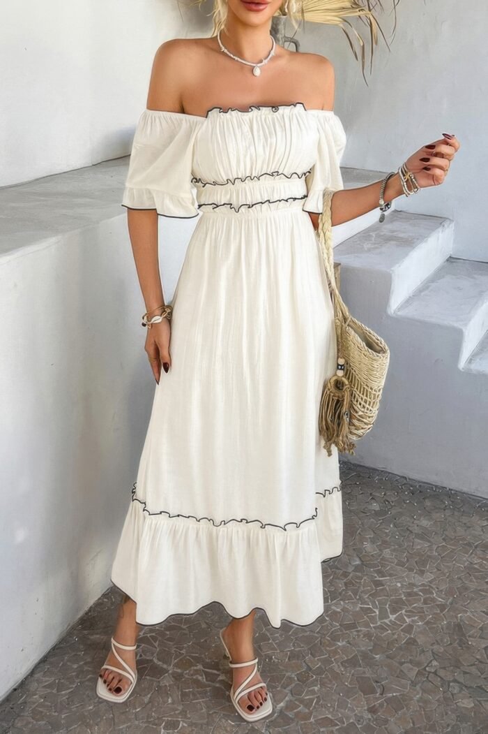Off shoulder bodycon backless ruffle trim dress - image 3