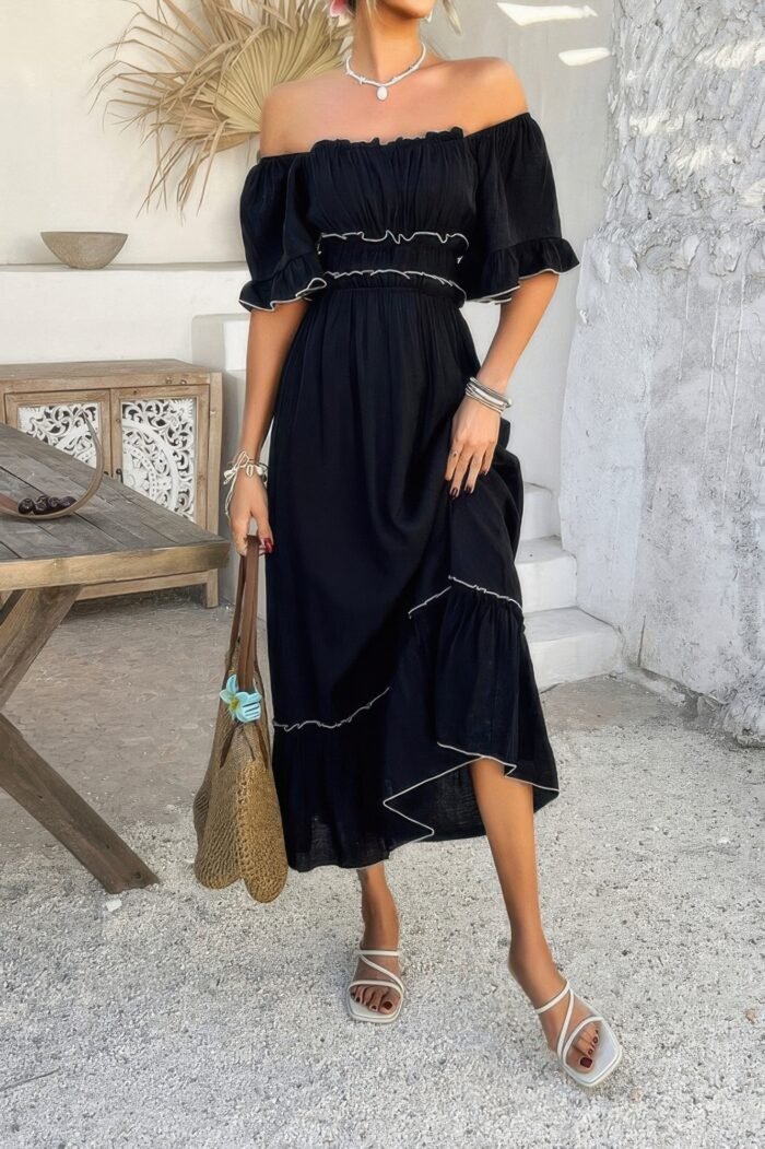 Off shoulder bodycon backless ruffle trim dress - image 5