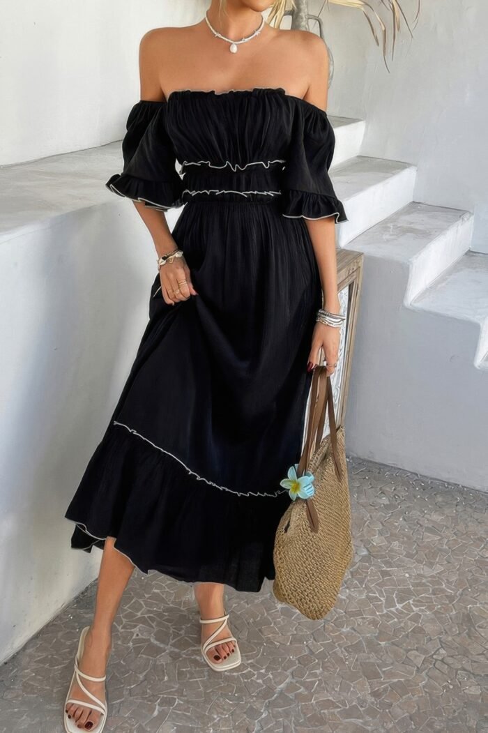 Off shoulder bodycon backless ruffle trim dress - image 8