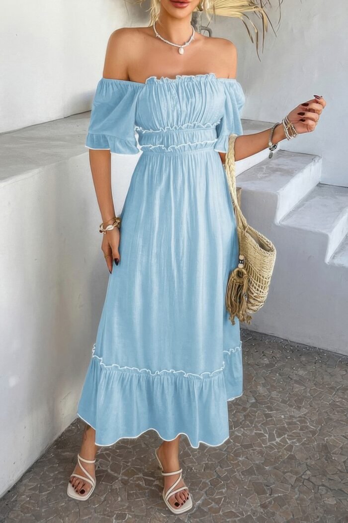 Off shoulder bodycon backless ruffle trim dress - image 12