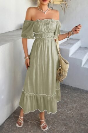 Off Shoulder Bodycon Backless Ruffle Trim Dress