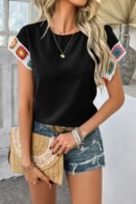 Swiss Dot Crochet Patchwork Short Sleeves Shirt