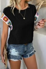 Swiss Dot Crochet Patchwork Short Sleeves Shirt - Image 2