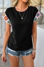 Swiss Dot Crochet Patchwork Short Sleeves Shirt - Image 4