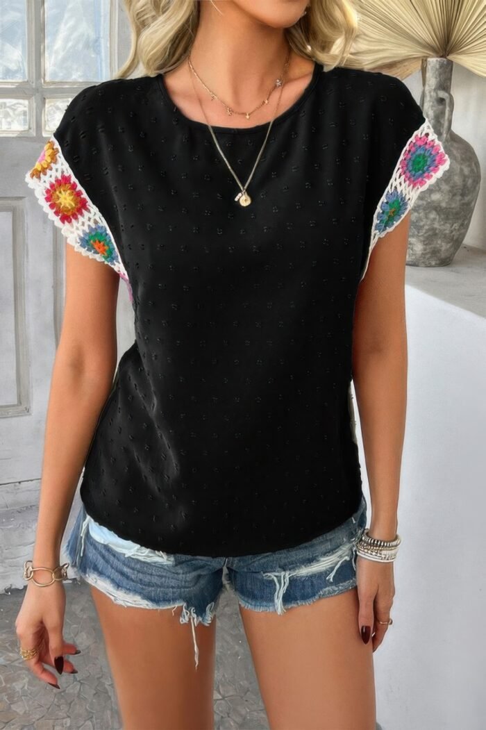 Swiss dot crochet patchwork short sleeves shirt - image 4