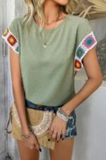 Swiss Dot Crochet Patchwork Short Sleeves Shirt - Image 5