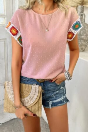 Swiss Dot Crochet Patchwork Short Sleeves Shirt