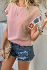 Swiss Dot Crochet Patchwork Short Sleeves Shirt - Image 12