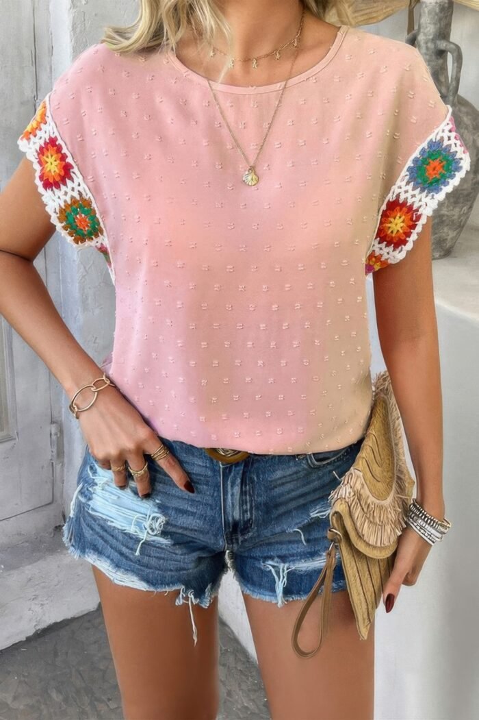 Swiss dot crochet patchwork short sleeves shirt - image 13