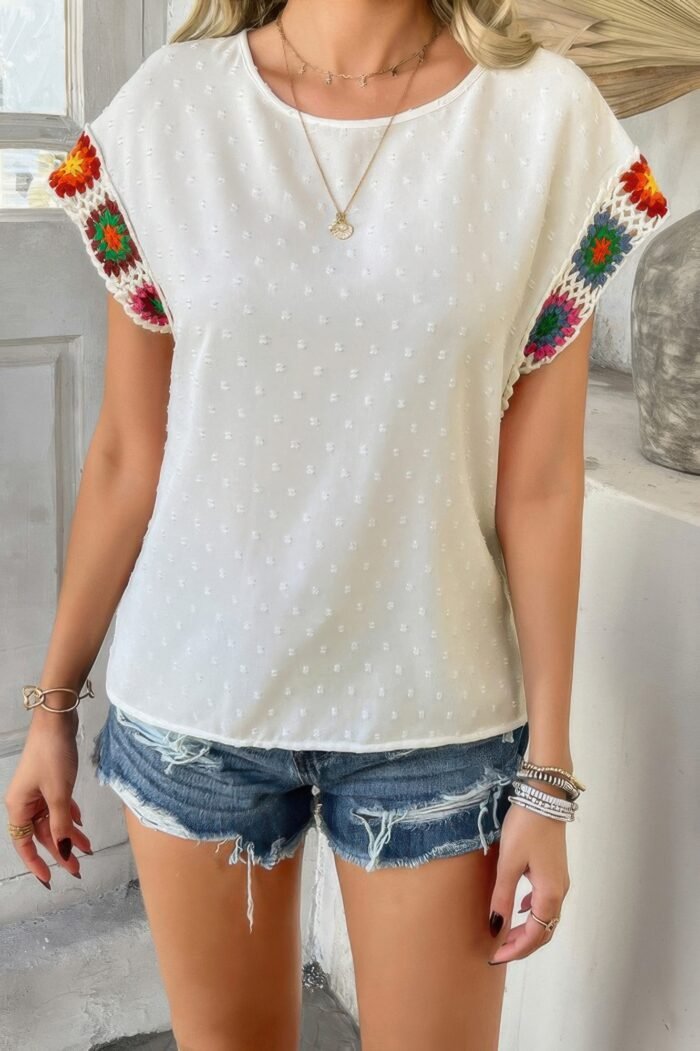 Swiss dot crochet patchwork short sleeves shirt - image 15
