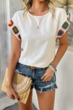 Swiss Dot Crochet Patchwork Short Sleeves Shirt - Image 17