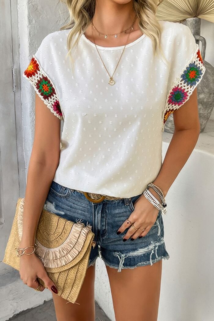 Swiss dot crochet patchwork short sleeves shirt - image 17