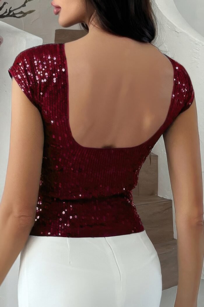 Round Neck Sequin Crop Slim Short Sleeves Top - Image 14