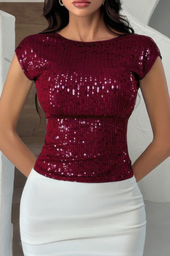 Round Neck Sequin Crop Slim Short Sleeves Top - Image 15