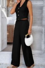 Solid Two Pieces Button Lace Hem Long Sets - Image 3