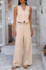 Solid Two Pieces Button Lace Hem Long Sets - Image 4