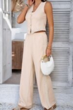 Solid Two Pieces Button Lace Hem Long Sets - Image 7