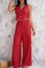 Solid Two Pieces Button Lace Hem Long Sets - Image 8