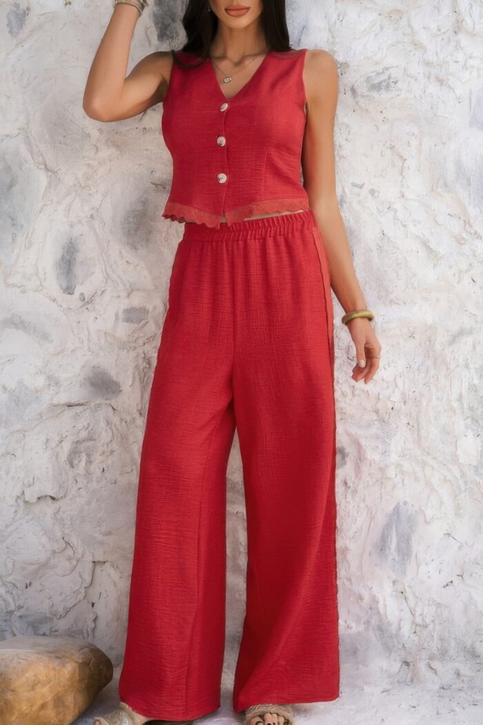 Solid two pieces button lace hem long sets - image 8