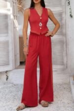 Solid Two Pieces Button Lace Hem Long Sets - Image 10