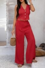 Solid Two Pieces Button Lace Hem Long Sets - Image 11