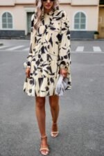 Ruffle Neck Abstract Print Long Sleeve Tiered Dress - Image 2