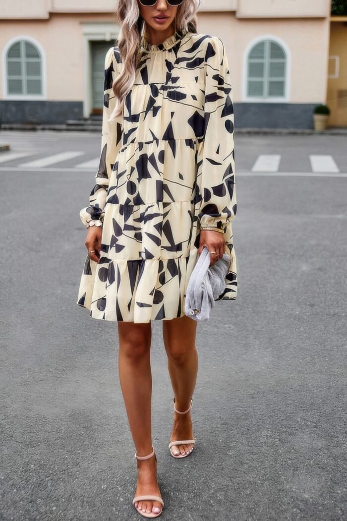 Ruffle neck abstract print long sleeve tiered dress - image 2