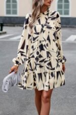 Ruffle Neck Abstract Print Long Sleeve Tiered Dress - Image 3