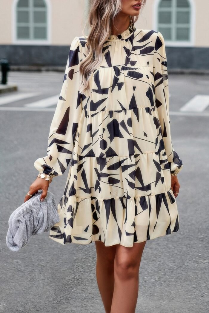 Ruffle neck abstract print long sleeve tiered dress - image 3