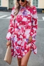 Ruffle Neck Abstract Print Long Sleeve Tiered Dress - Image 4