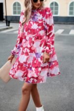 Ruffle Neck Abstract Print Long Sleeve Tiered Dress - Image 5
