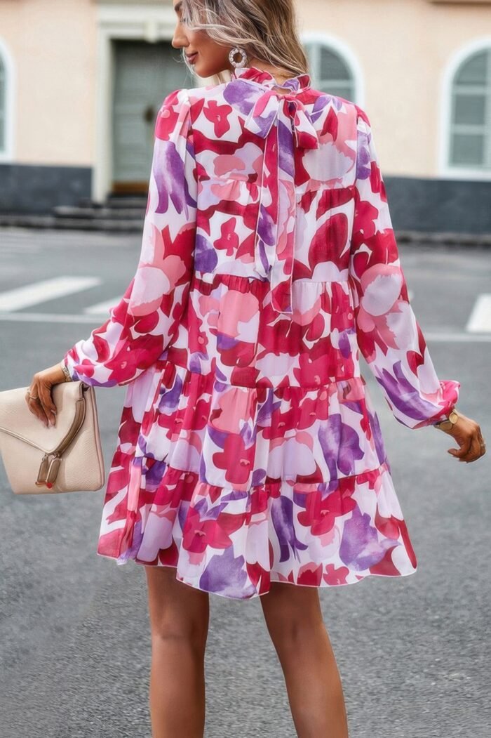 Ruffle neck abstract print long sleeve tiered dress - image 6