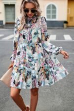 Ruffle Neck Abstract Print Long Sleeve Tiered Dress - Image 7