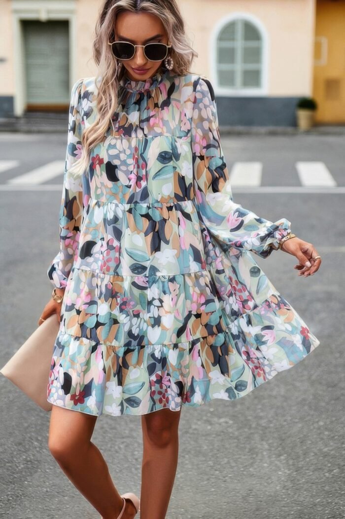 Ruffle neck abstract print long sleeve tiered dress - image 7