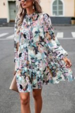 Ruffle Neck Abstract Print Long Sleeve Tiered Dress - Image 8