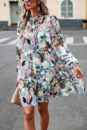 Ruffle Neck Abstract Print Long Sleeve Tiered Dress
