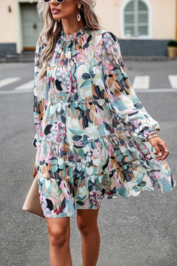 Ruffle neck abstract print long sleeve tiered dress - image 8