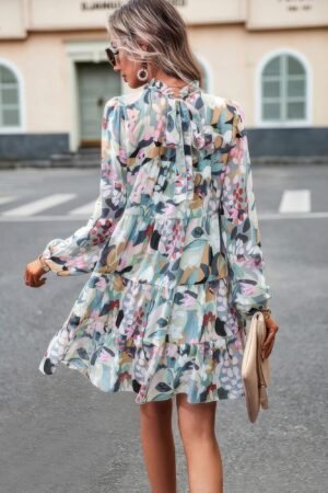 Ruffle Neck Abstract Print Long Sleeve Tiered Dress