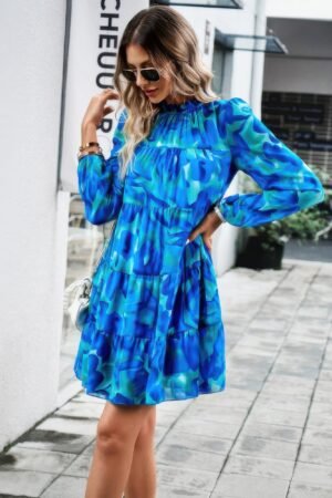 Ruffle Neck Abstract Print Long Sleeve Tiered Dress