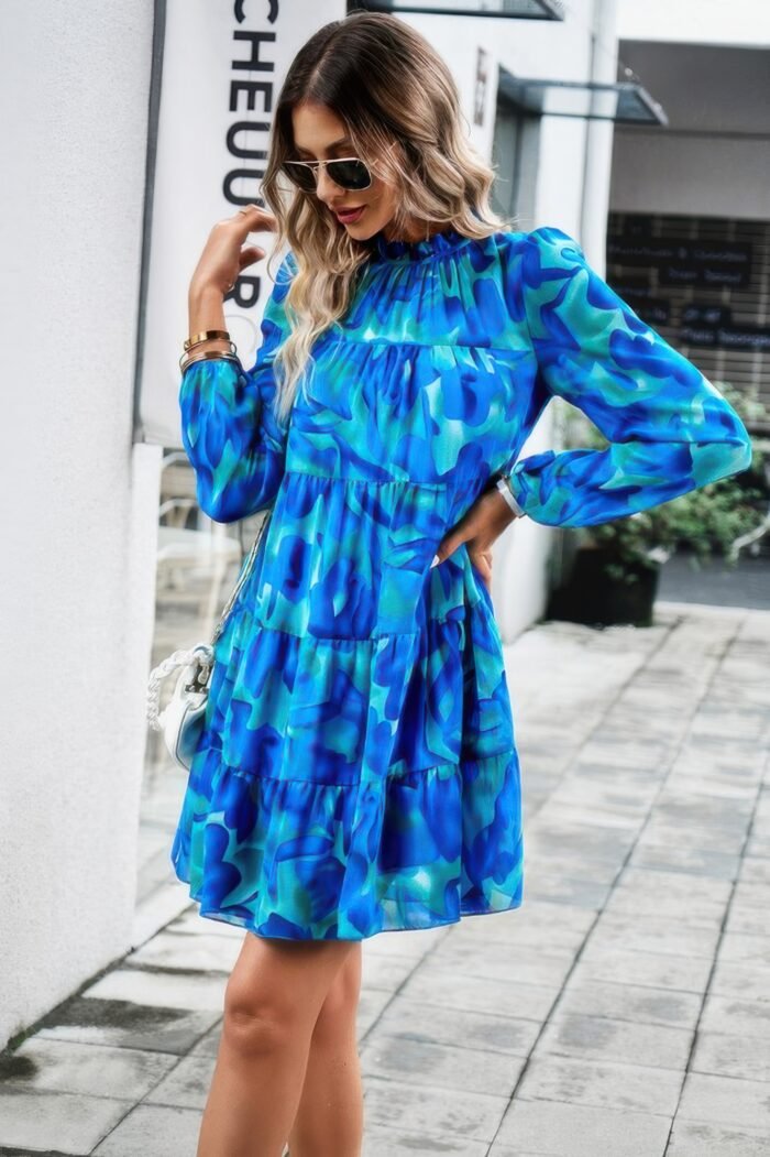 Ruffle neck abstract print long sleeve tiered dress - image 10