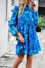 Ruffle Neck Abstract Print Long Sleeve Tiered Dress - Image 11