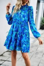 Ruffle Neck Abstract Print Long Sleeve Tiered Dress - Image 12