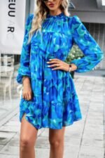 Ruffle Neck Abstract Print Long Sleeve Tiered Dress - Image 13