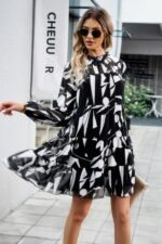 Ruffle Neck Abstract Print Long Sleeve Tiered Dress - Image 14