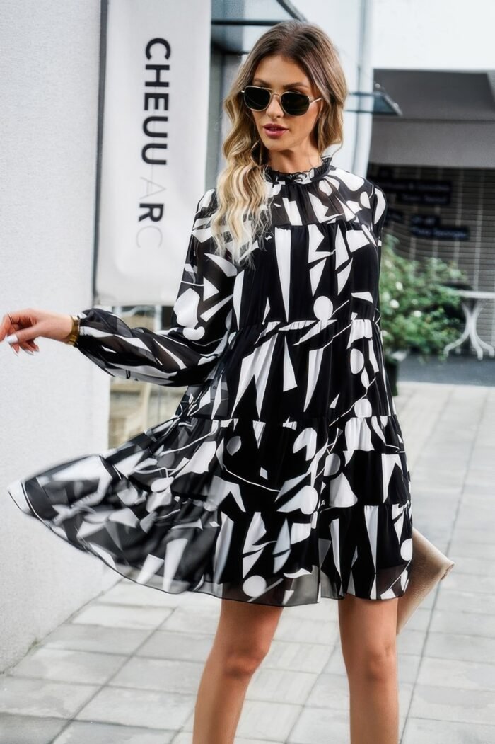 Ruffle neck abstract print long sleeve tiered dress - image 14