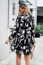 Ruffle Neck Abstract Print Long Sleeve Tiered Dress - Image 15