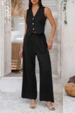 Solid V Neck Button Vest Pleated Suit Sets - Image 4